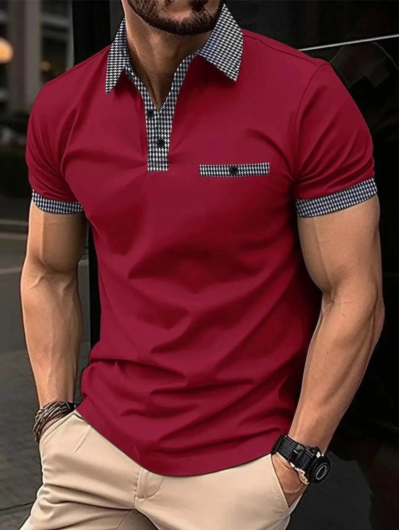 Plaid Collar Short-Sleeved Polo Shirt-Polo Shirt-LeStyleParfait
