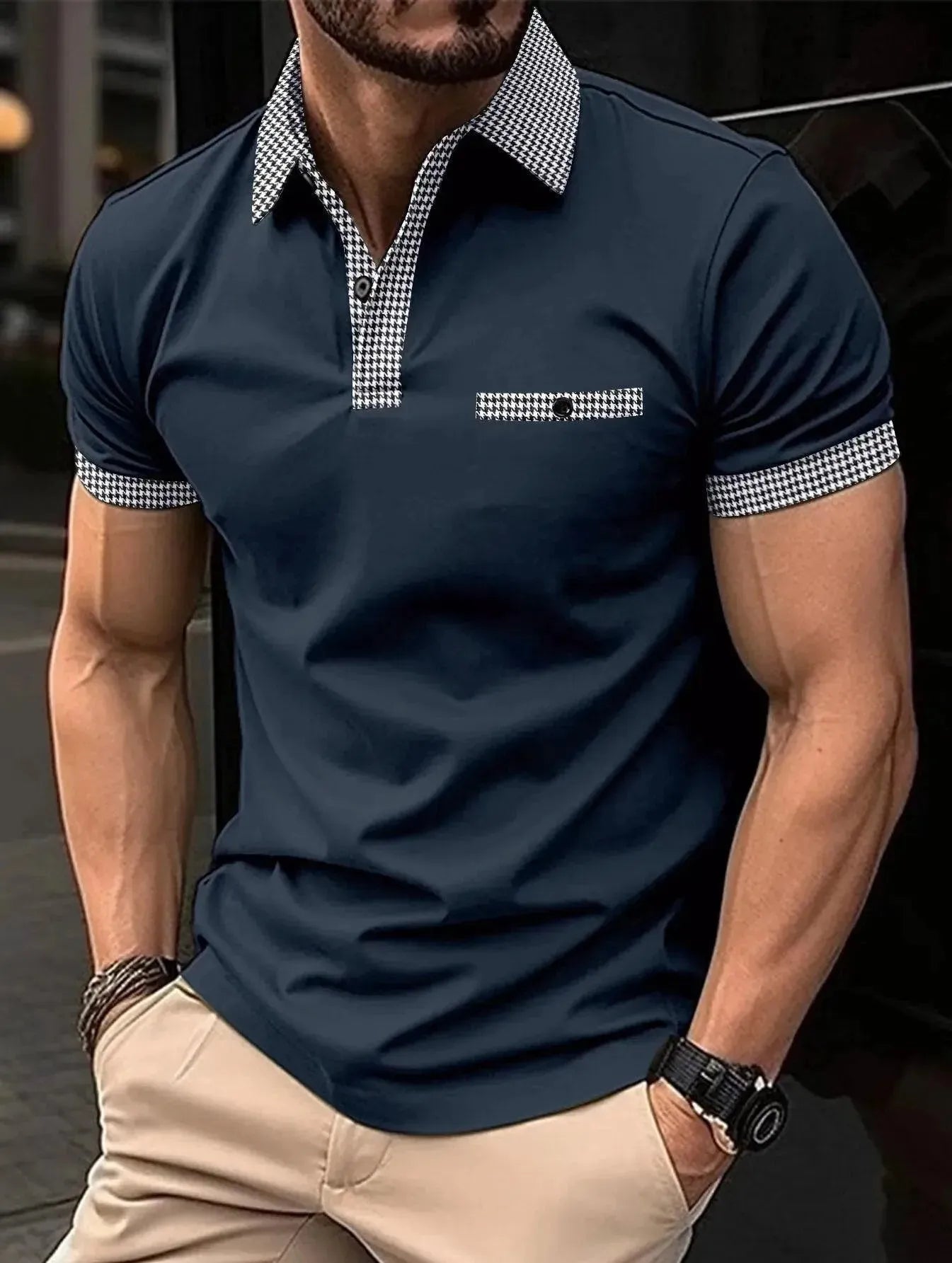 Plaid Collar Short-Sleeved Polo Shirt-Polo Shirt-LeStyleParfait