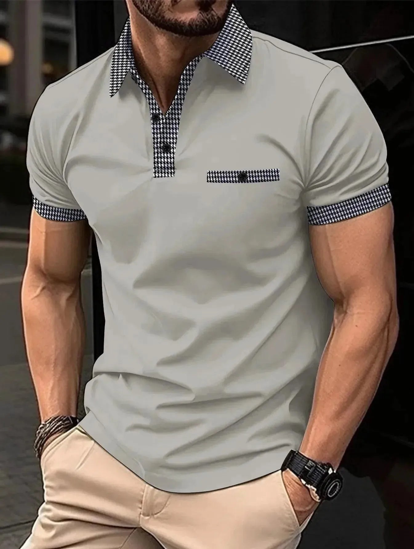 Plaid Collar Short-Sleeved Polo Shirt-Polo Shirt-LeStyleParfait
