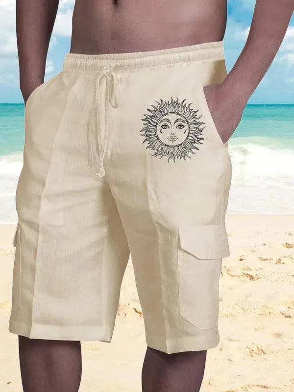 Men Linen Cargo Shorts Cat Print - Shorts - LeStyleParfait