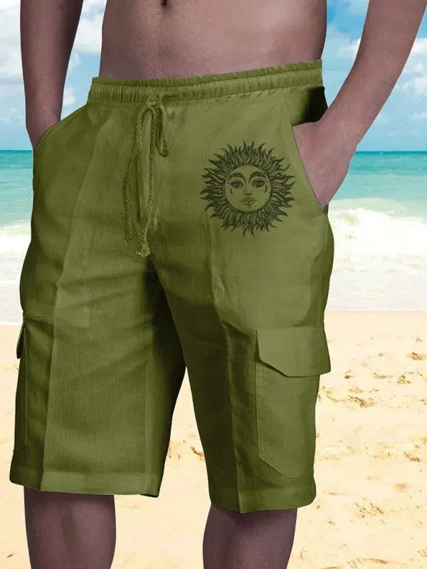 Men Linen Cargo Shorts Cat Print - Shorts - LeStyleParfait