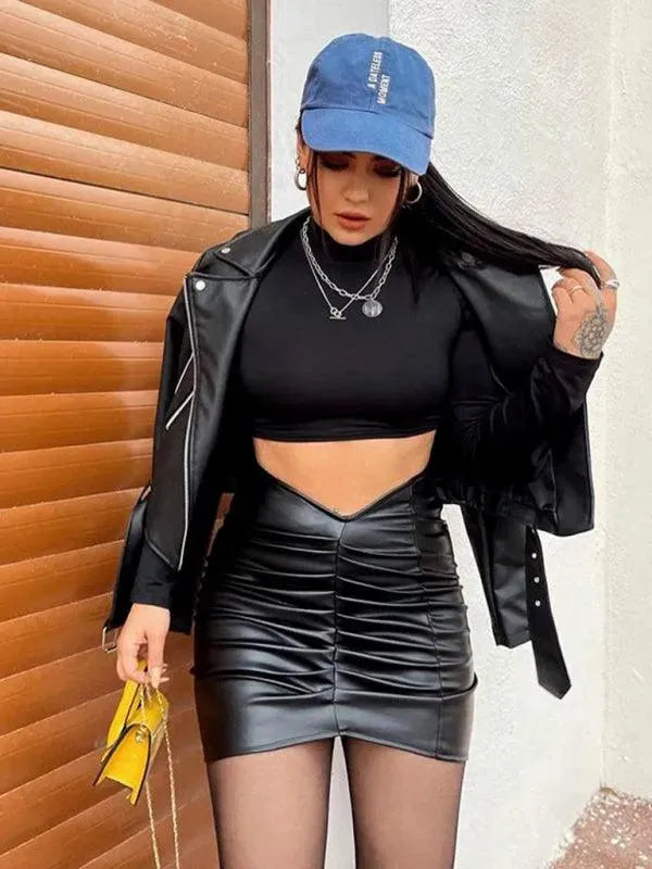 Pleated Leather Mini Skirt-Women's Skirt-LeStyleParfait