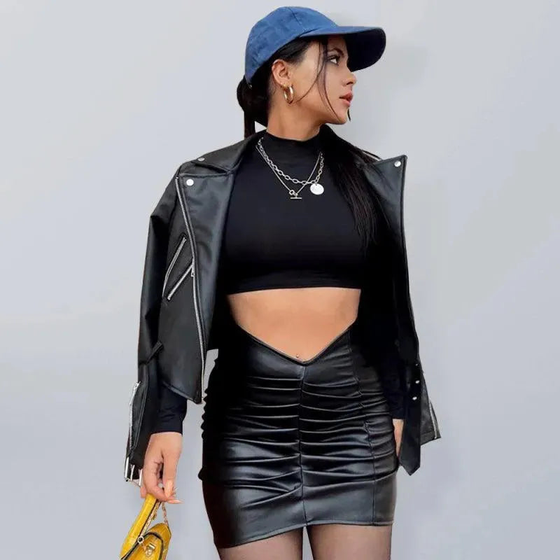 Pleated Leather Mini Skirt-Women's Skirt-LeStyleParfait