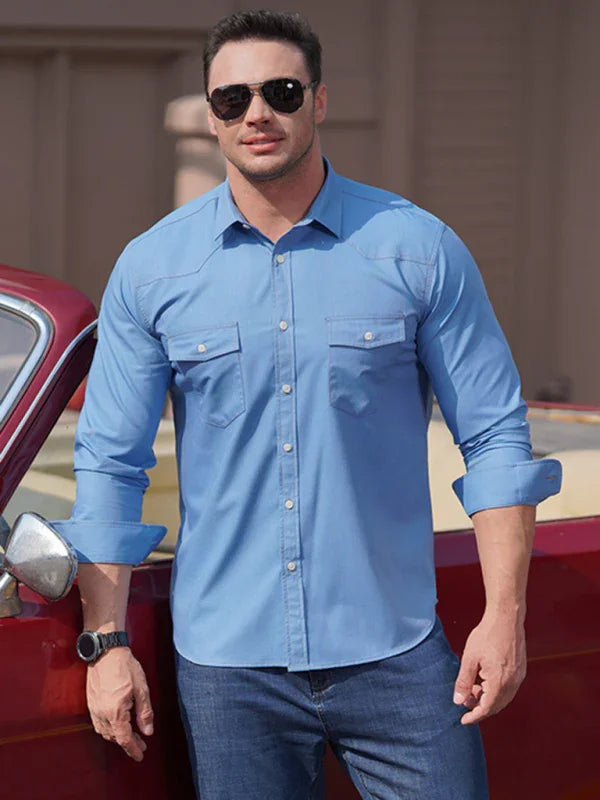 Plus Size Denim Pocket Shirt-Men Shirts-LeStyleParfait