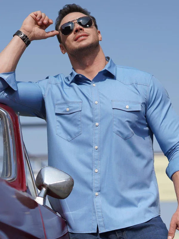 Plus Size Denim Pocket Shirt-Men Shirts-LeStyleParfait