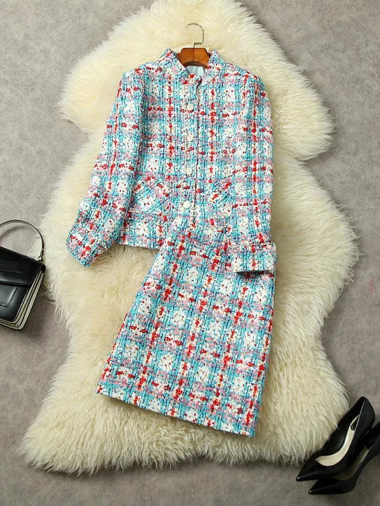 Beaded Plaid Tweed Woolen Skirt Suit - Skirt Suit - LeStyleParfait
