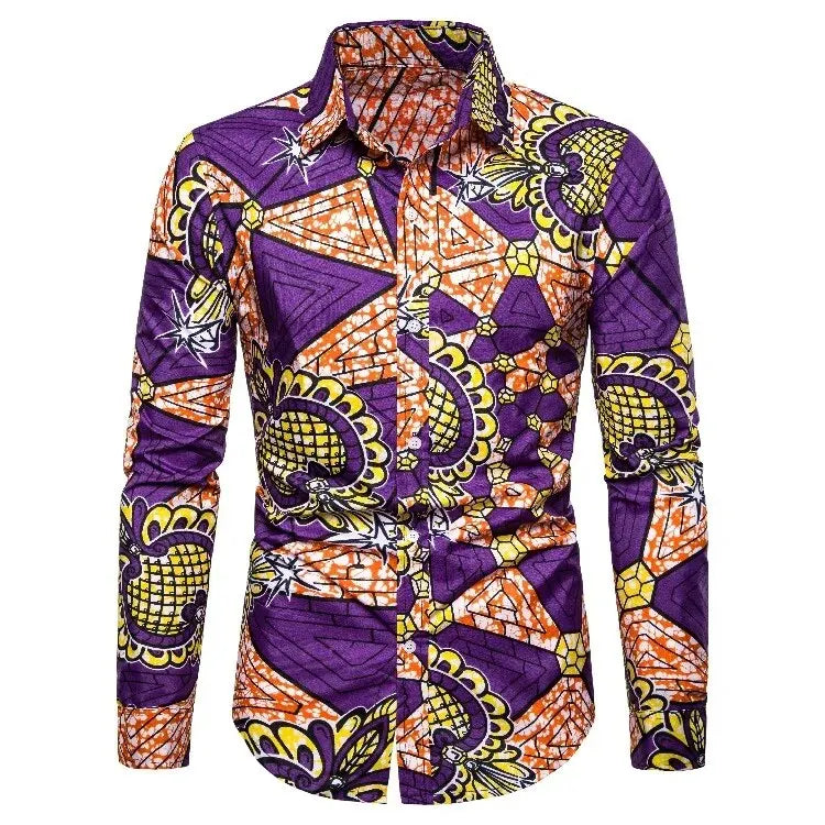 Purple Yellow Dashiki Men's Shirt-Men Shirts-LeStyleParfait