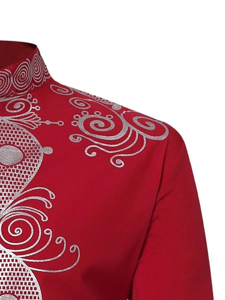 Red African Print Men's Shirt-Men Shirts-LeStyleParfait