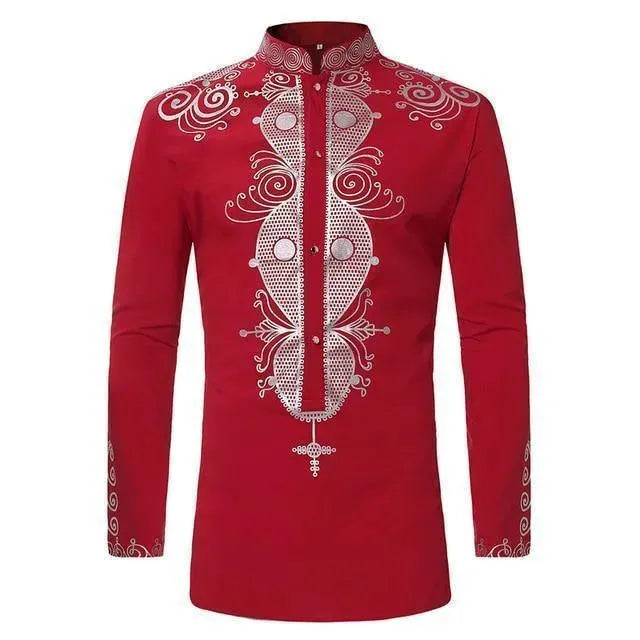 Red African Print Men's Shirt-Men Shirts-LeStyleParfait
