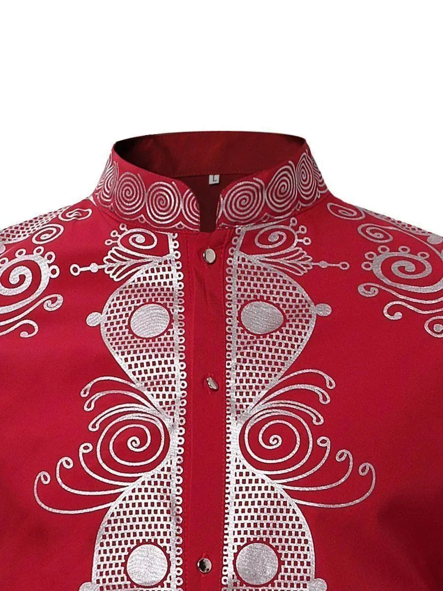 Red African Print Men's Shirt-Men Shirts-LeStyleParfait