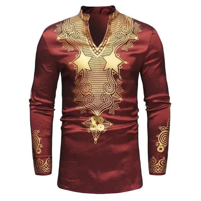 Red African Print Men's Shirt-Men Shirts-LeStyleParfait