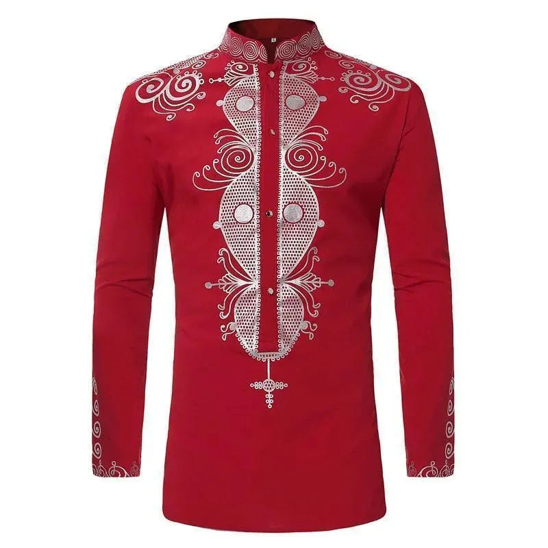 Red African Print Men's Shirt-Men Shirts-LeStyleParfait