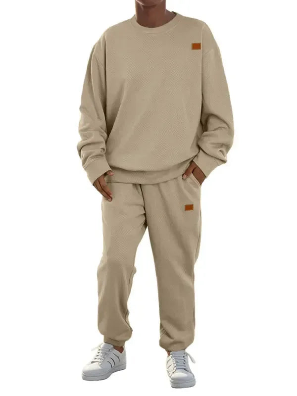 Relaxed Casual Crewneck Jogger Two-Piece Set - Solid Jogger Two-Piece Set - LeStyleParfait