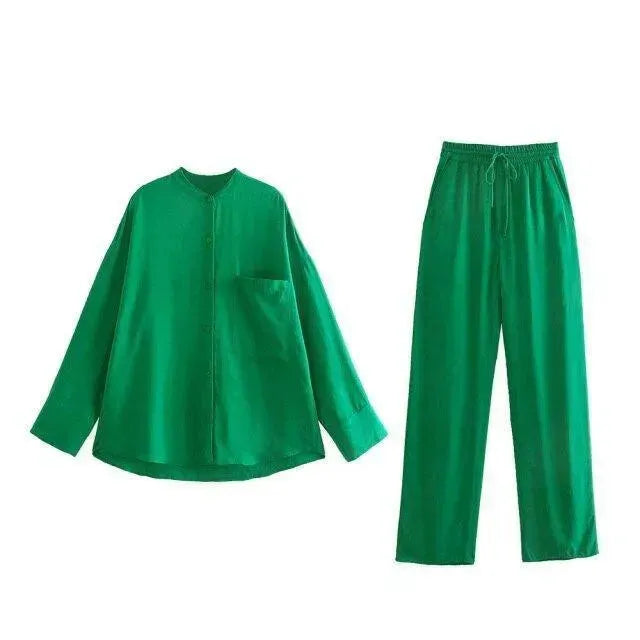 Relaxed Green Satin Two-Piece Set - Solid Satin Two-Piece Set - LeStyleParfait