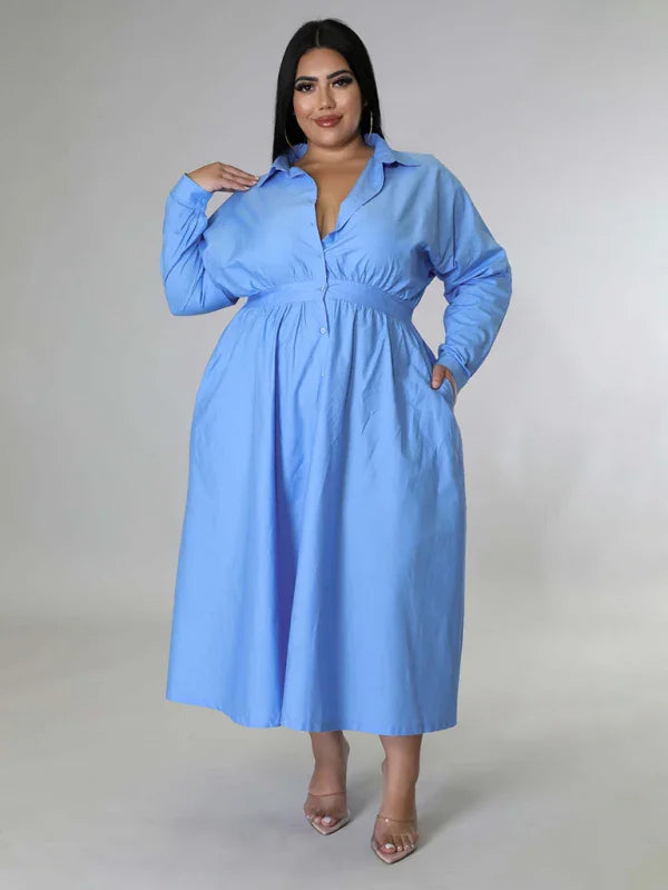 Relaxed Lapel Collar Midi Shirt Dress-Midi Dress-LeStyleParfait