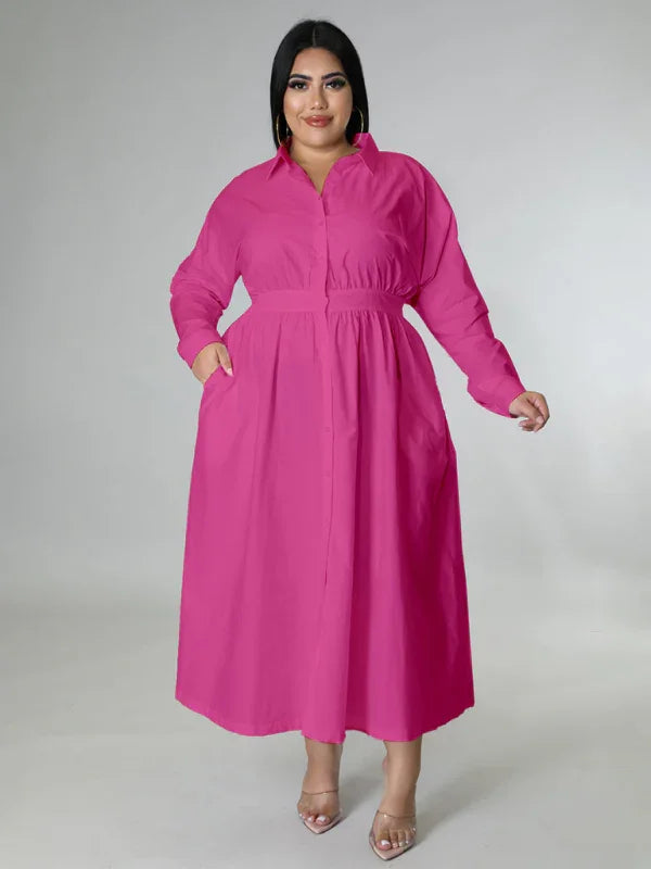 Relaxed Lapel Collar Midi Shirt Dress-Midi Dress-LeStyleParfait