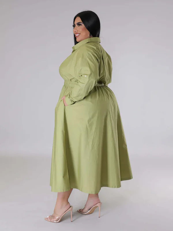 Relaxed Lapel Collar Midi Shirt Dress-Midi Dress-LeStyleParfait