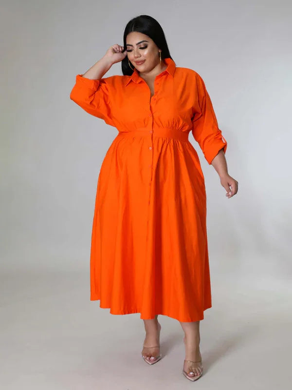 Relaxed Lapel Collar Midi Shirt Dress-Midi Dress-LeStyleParfait