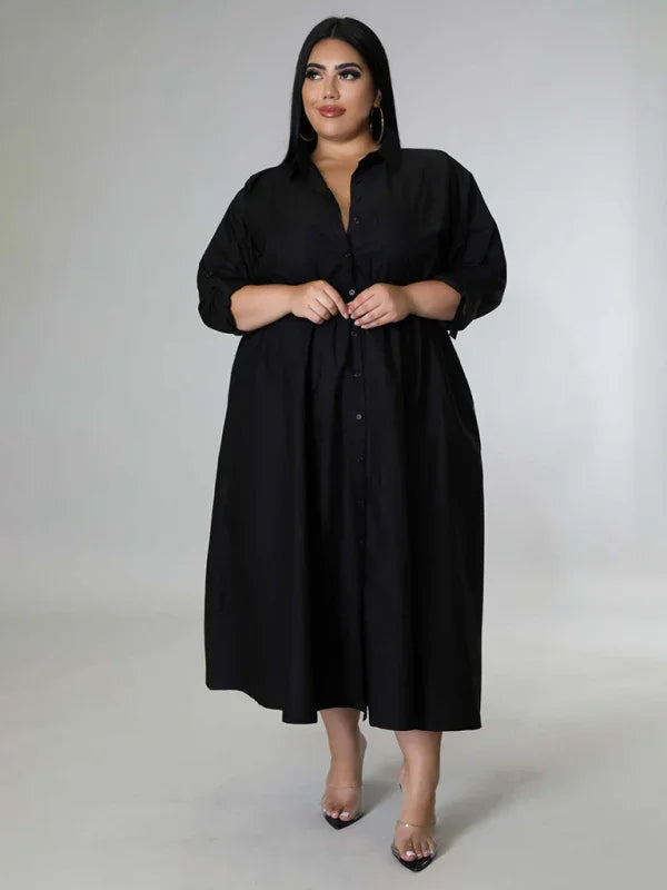 Relaxed Lapel Collar Midi Shirt Dress-Midi Dress-LeStyleParfait