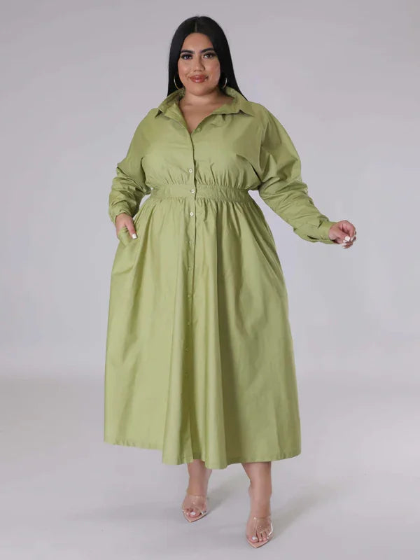 Relaxed Lapel Collar Midi Shirt Dress-Midi Dress-LeStyleParfait