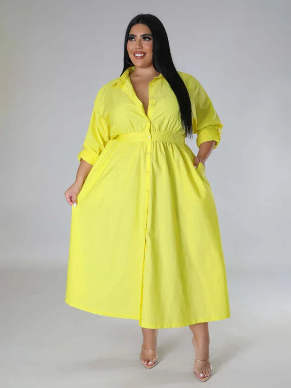 Relaxed Lapel Collar Midi Shirt Dress-Midi Dress-LeStyleParfait