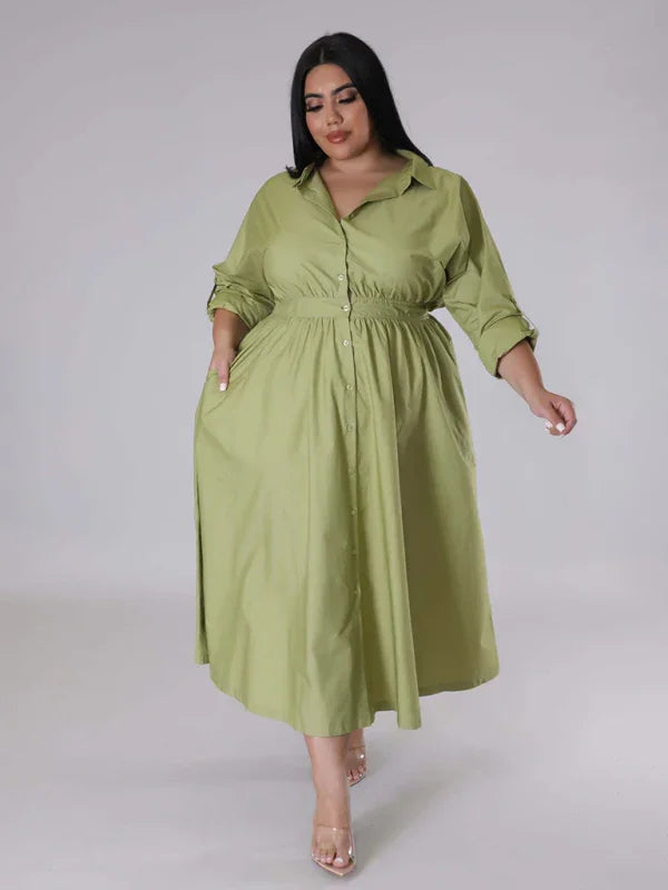 Relaxed Lapel Collar Midi Shirt Dress-Midi Dress-LeStyleParfait