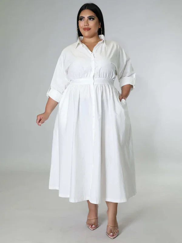 Relaxed Lapel Collar Midi Shirt Dress-Midi Dress-LeStyleParfait