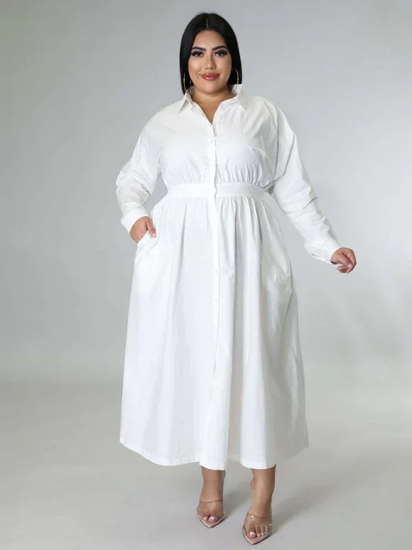 Relaxed Lapel Collar Midi Shirt Dress-Midi Dress-LeStyleParfait