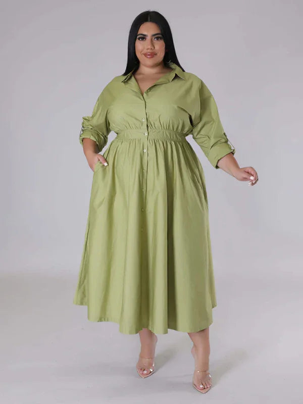 Relaxed Lapel Collar Midi Shirt Dress-Midi Dress-LeStyleParfait