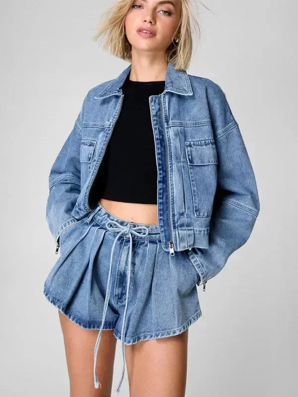 Relaxed Women Casual Denim Two-Piece Shorts Set - Denim Shorts Set - LeStyleParfait