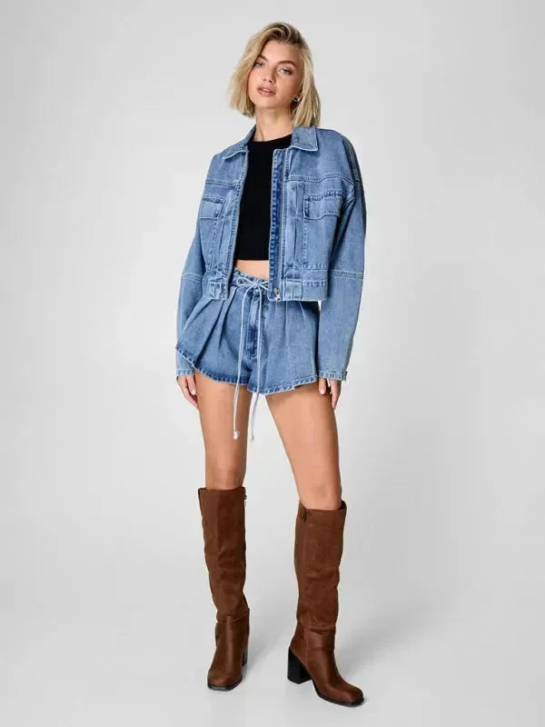 Relaxed Women Casual Denim Two-Piece Shorts Set - Denim Shorts Set - LeStyleParfait