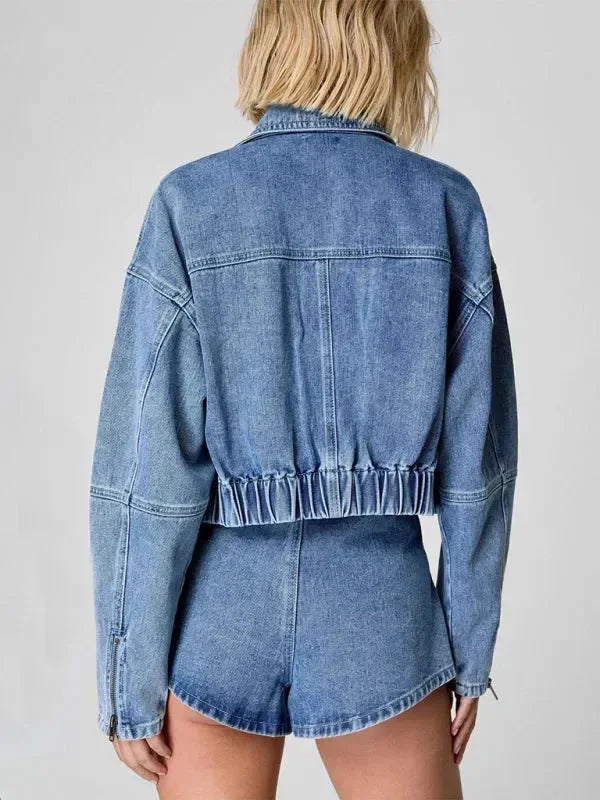 Relaxed Women Casual Denim Two-Piece Shorts Set - Denim Shorts Set - LeStyleParfait