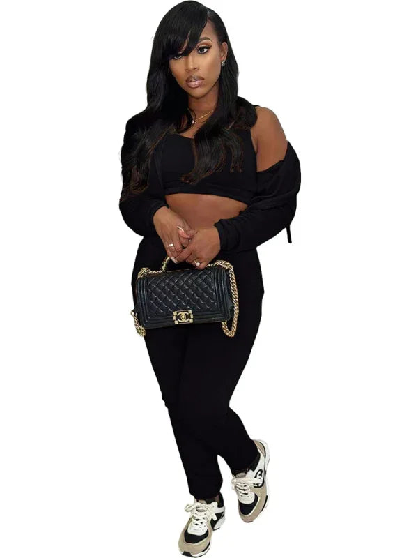 Women Casual Hoodie Lounge Three-Piece Set Crewneck Long Sleeve Relaxed Fit Polyester Fall | LeStyleParfait