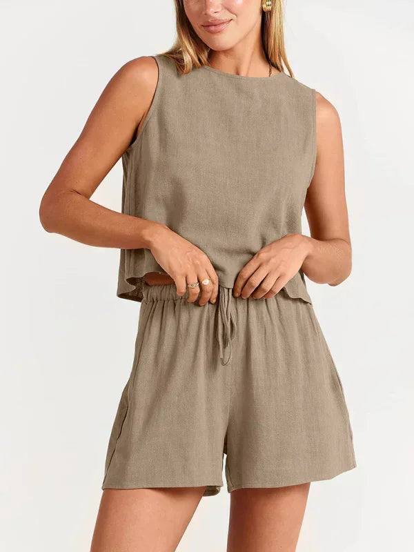 Relaxed Women Casual Linen Two-Piece Set Crewneck Sleeveless Fit Summer Lounge Style | LeStyleParfait