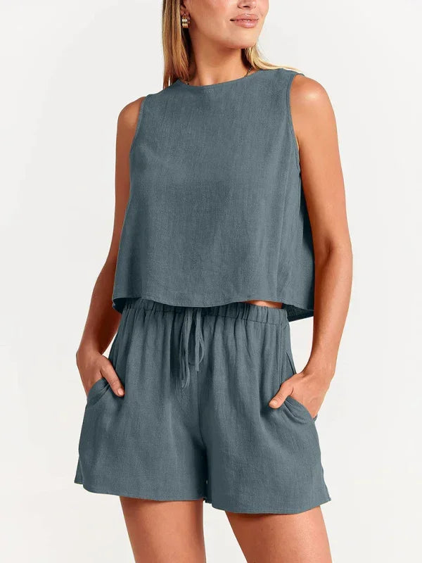 Relaxed Women Casual Linen Two-Piece Set Crewneck Sleeveless Fit Summer Lounge Style | LeStyleParfait
