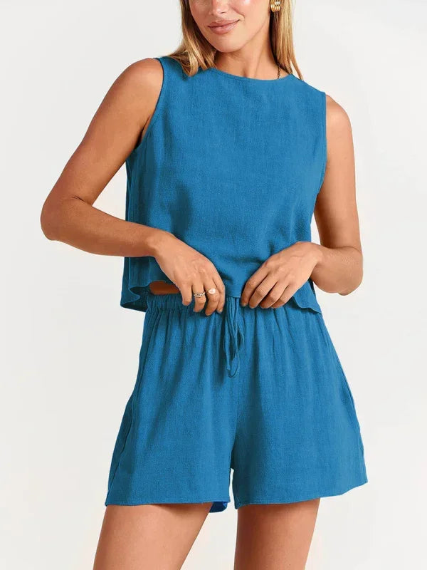 Relaxed Women Casual Linen Two-Piece Set Crewneck Sleeveless Fit Summer Lounge Style | LeStyleParfait