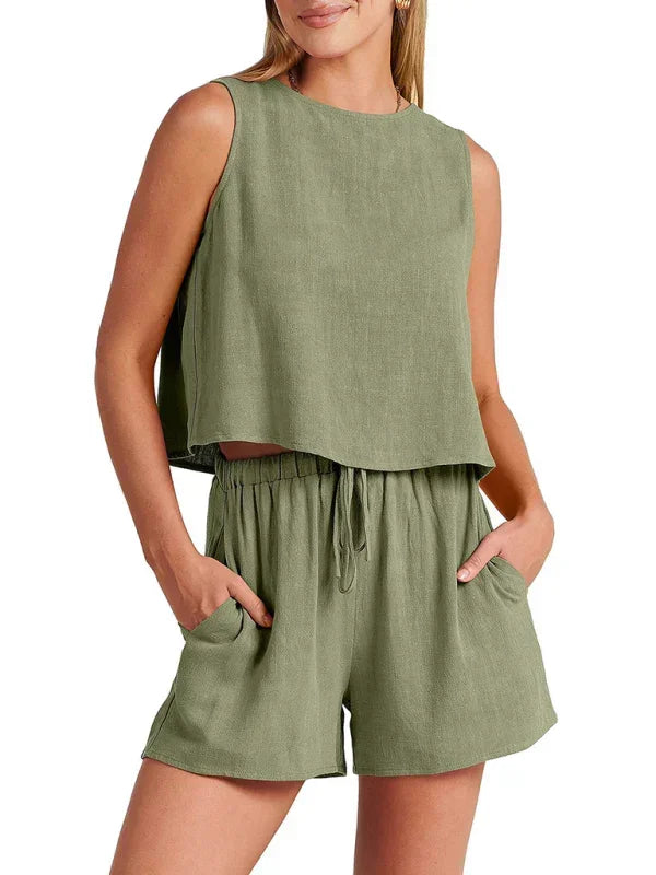 Relaxed Women Casual Linen Two-Piece Set Crewneck Sleeveless Fit Summer Lounge Style | LeStyleParfait