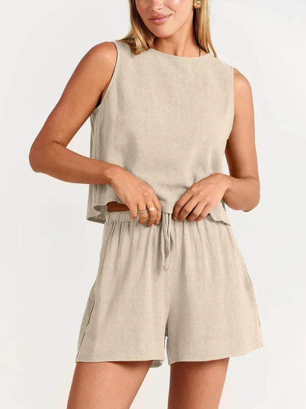 Relaxed Women Casual Linen Two-Piece Set Crewneck Sleeveless Fit Summer Lounge Style | LeStyleParfait