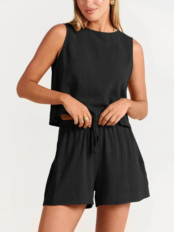 Relaxed Women Casual Linen Two-Piece Shorts Set - Casual Shorts Set - LeStyleParfait