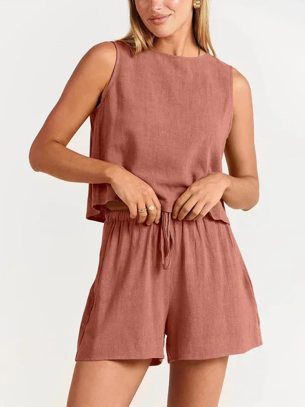 Relaxed Women Casual Linen Two-Piece Shorts Set - Casual Shorts Set - LeStyleParfait