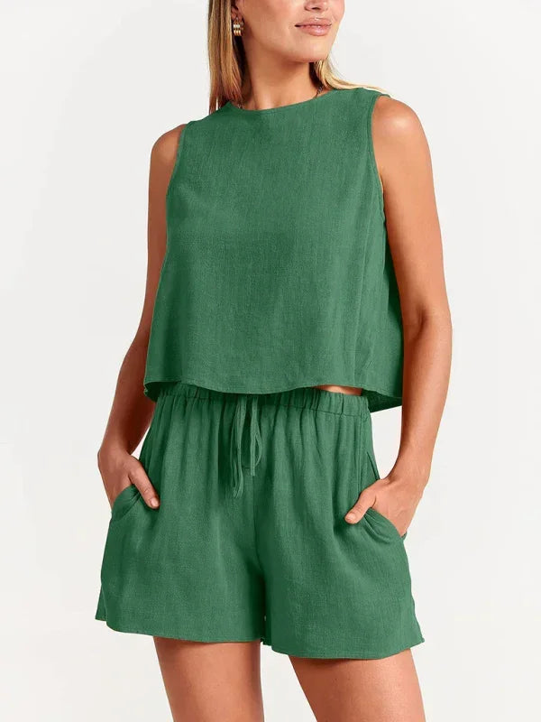 Relaxed Women Casual Linen Two-Piece Shorts Set - Casual Shorts Set - LeStyleParfait
