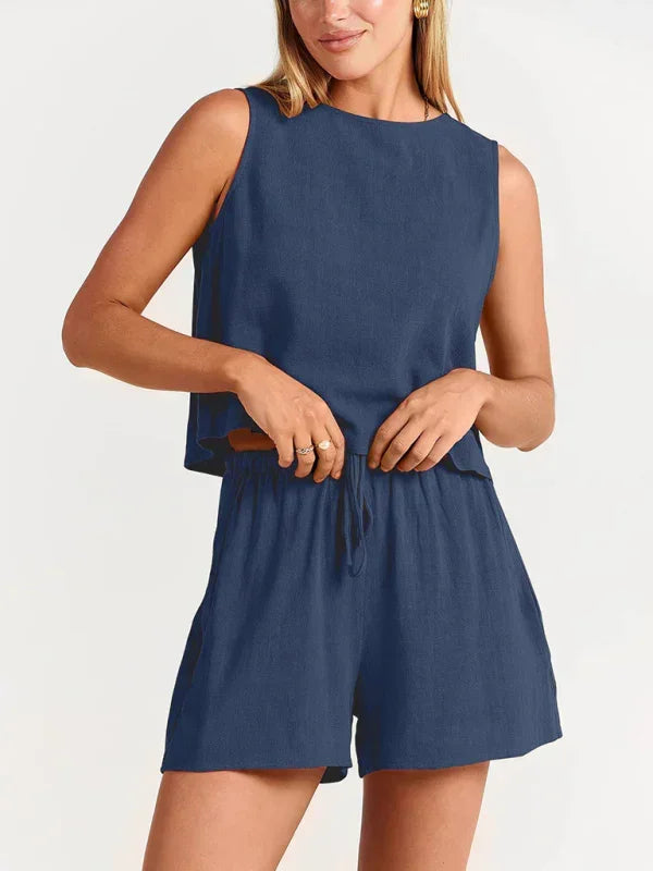 Relaxed Women Casual Linen Two-Piece Shorts Set - Casual Shorts Set - LeStyleParfait