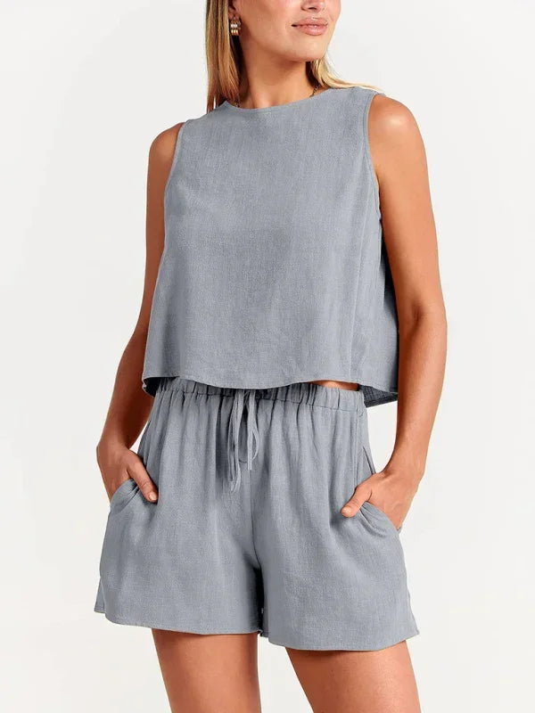 Relaxed Women Casual Linen Two-Piece Shorts Set - Casual Shorts Set - LeStyleParfait