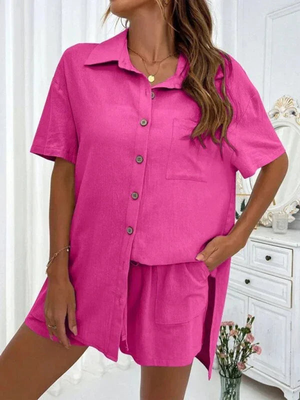 Relaxed Women Casual Two-Piece Linen Short Set - Linen Short Set - LeStyleParfait