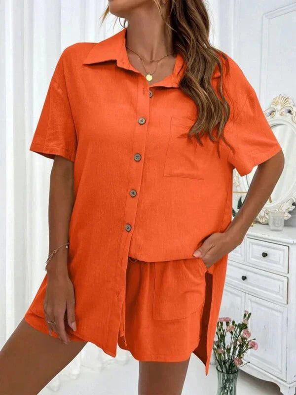 Relaxed Women Casual Two-Piece Linen Short Set - Linen Short Set - LeStyleParfait