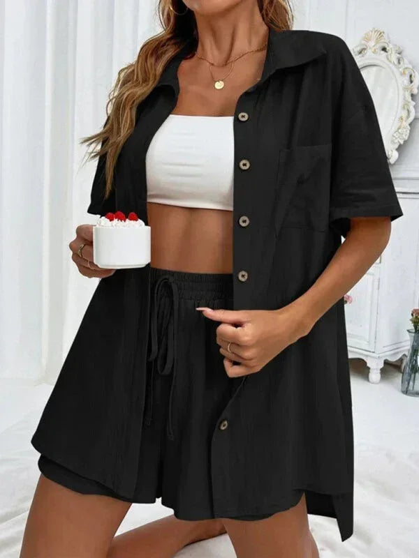 Relaxed Women Casual Two-Piece Linen Short Set - Linen Short Set - LeStyleParfait