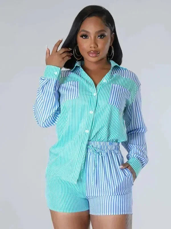 Relaxed Women Striped Cotton Shorts Set - Striped Shorts Set - LeStyleParfait