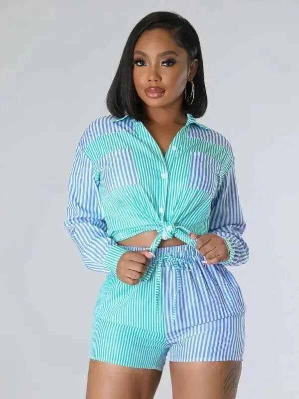 Relaxed Women Striped Cotton Shorts Set - Striped Shorts Set - LeStyleParfait