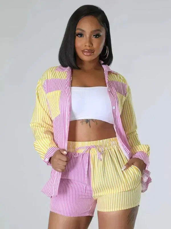 Relaxed Women Striped Cotton Shorts Set - Striped Shorts Set - LeStyleParfait
