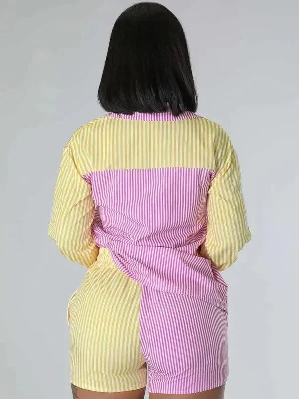 Relaxed Women Striped Cotton Shorts Set - Striped Shorts Set - LeStyleParfait